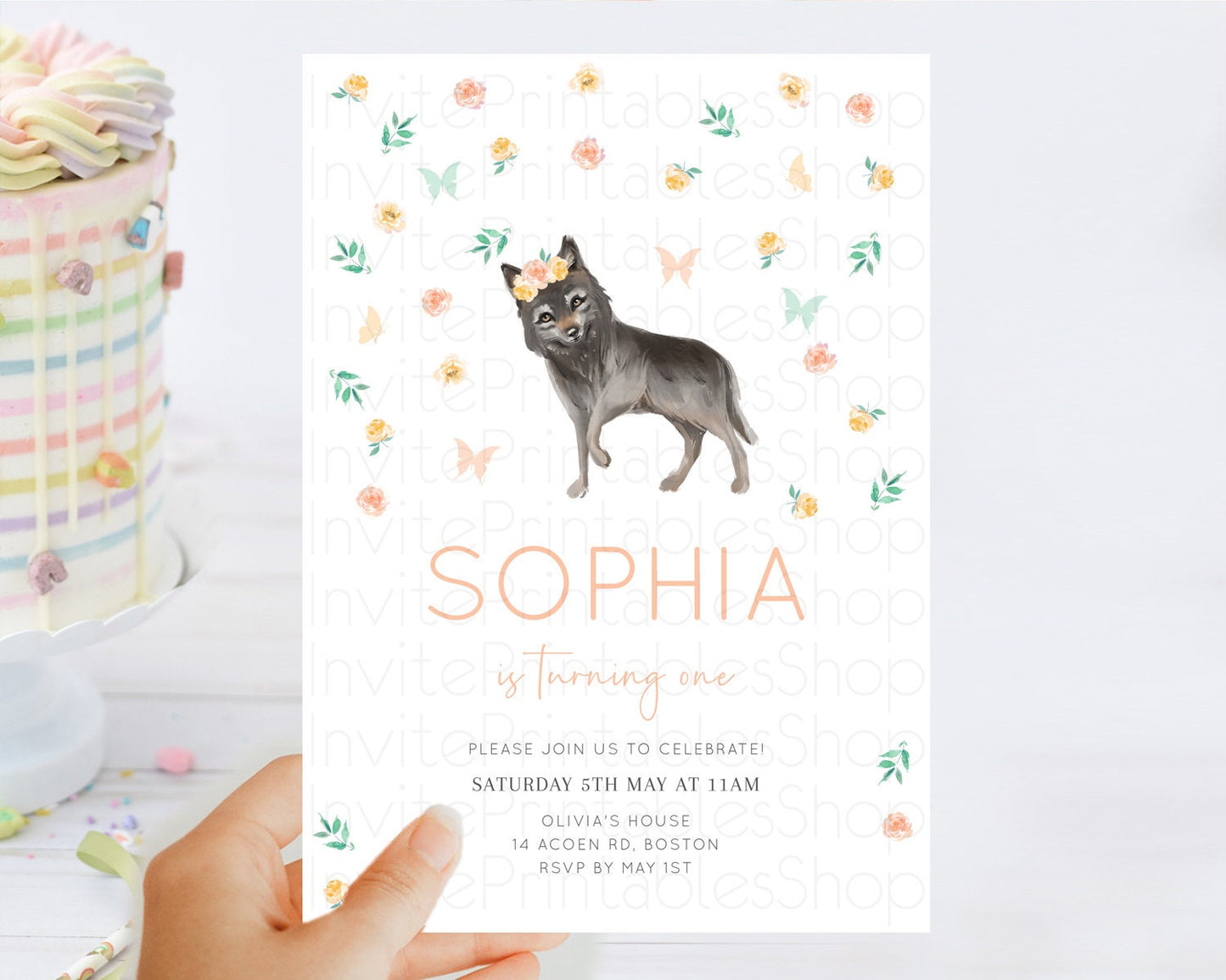 Wolf Birthday Invitation Wolf Invitation Pastel Wolf Birthday Enchanted Forest Woods Wolf Floral Invitation Howling Birthday Party D10362