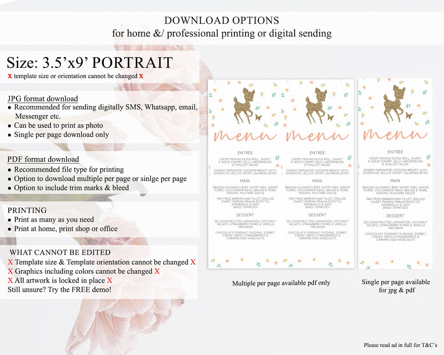 Fawn Menu Deer Menu Template Pastel Floral Deer Table Decor Enchanted Forest Butterfly Floral Dinner Dessert Menu Party Food Menu D10355