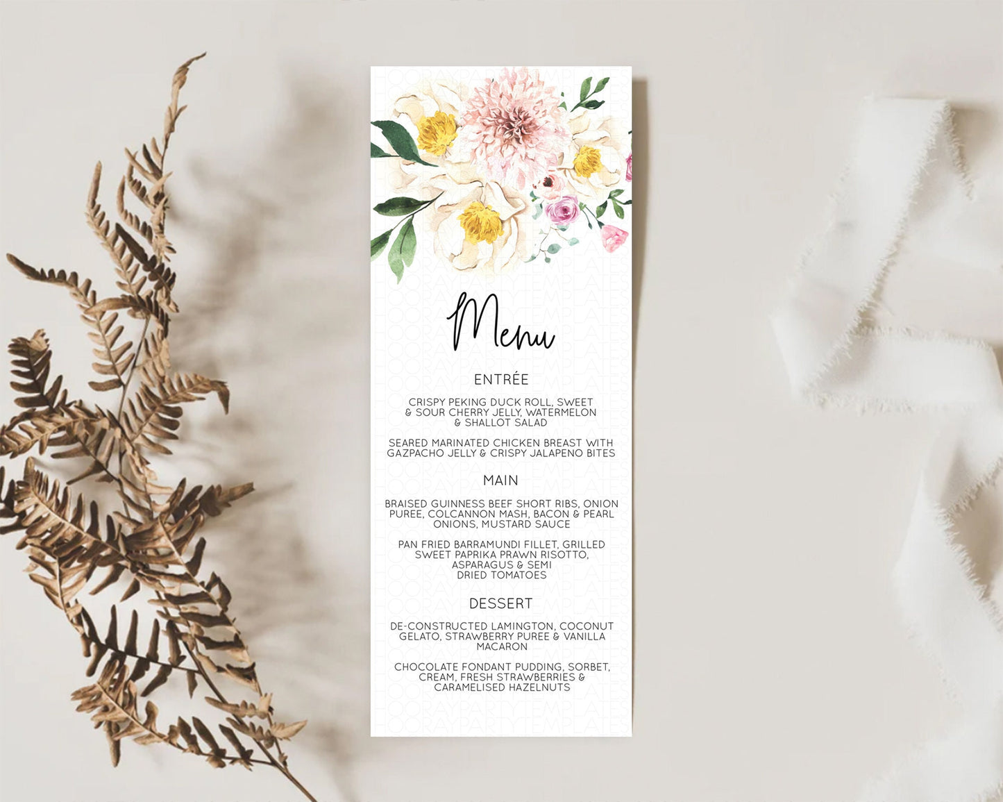 Secret Garden Menu Wildflower Menu Template Pastel Flower Garden Table Decor Boho Floral Dinner Dessert Floral Party Food Menu D11040