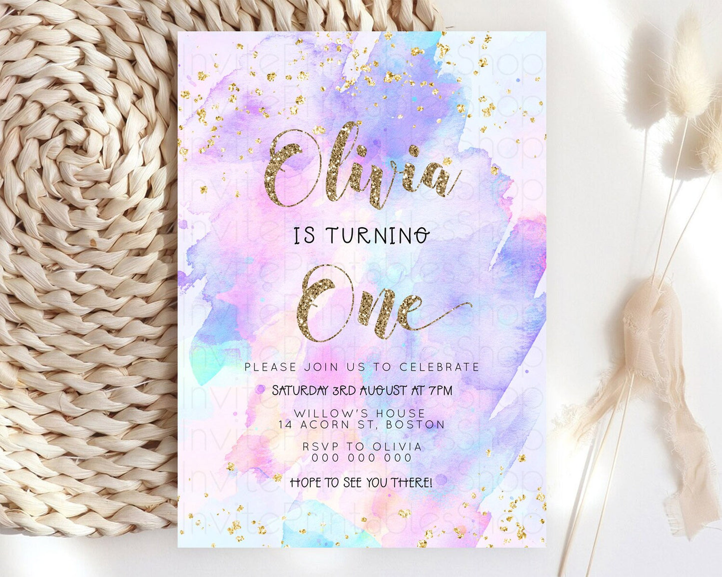 Rainbow Birthday Invitation Colorful Pastel Watercolor Invitation Gold Glitter Sprinkles Ombre Pastel 1st 2nd 3rd Birthday D23299