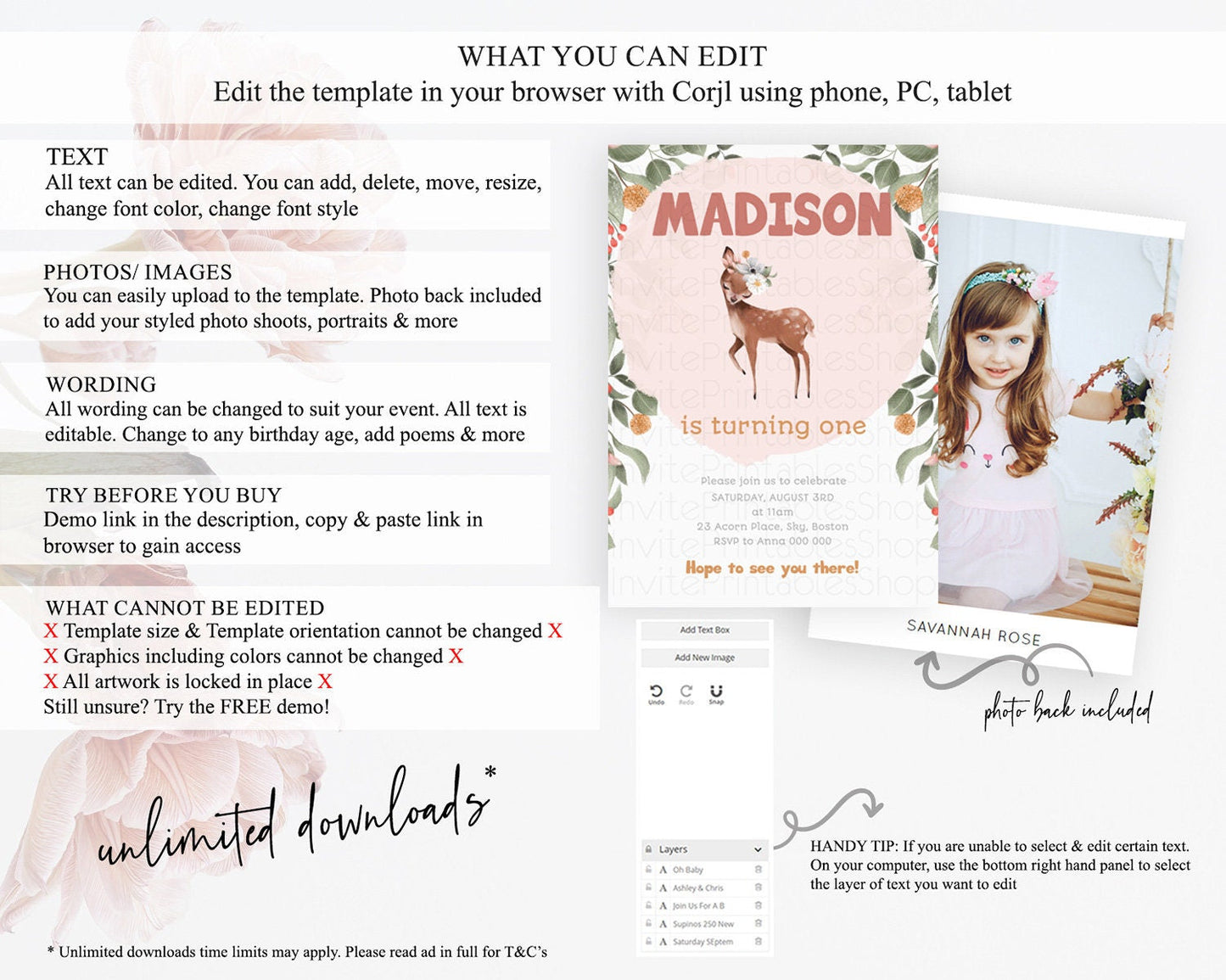Fawn Birthday Invitation Deer Birthday Invitation Enchanted Forest Party Butterfly Pastel Flowers Whimsical 2nd 1st First Birthday D10655