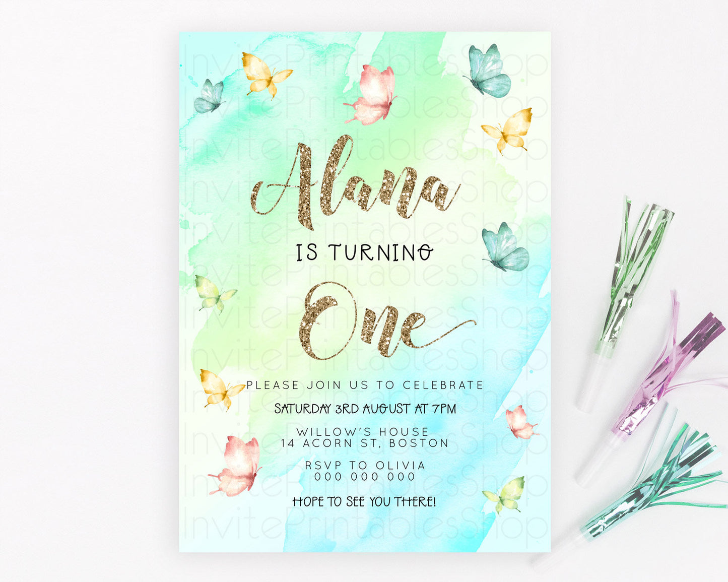 Pastel Butterfly Birthday Invitation Butterfly Birthday Invitation Colorful Splash Glitter Butterfly Garden 1st 2nd Birthday D23240