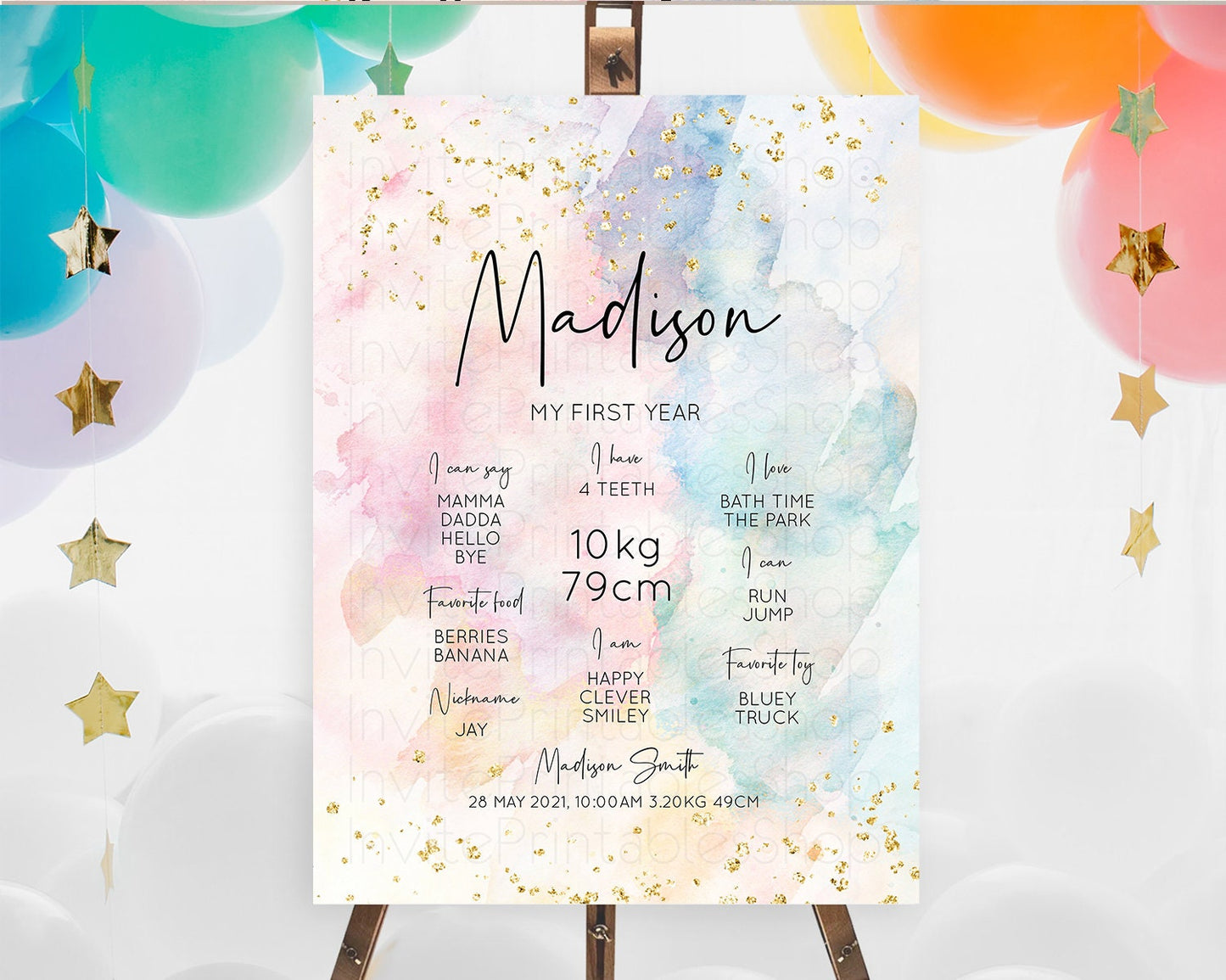 Pastel First Birthday Milestone Board Pastel Rainbow Milestone Poster Colorful Confetti Watercolor Glitter 1st Birthday Welcome Sign D10263