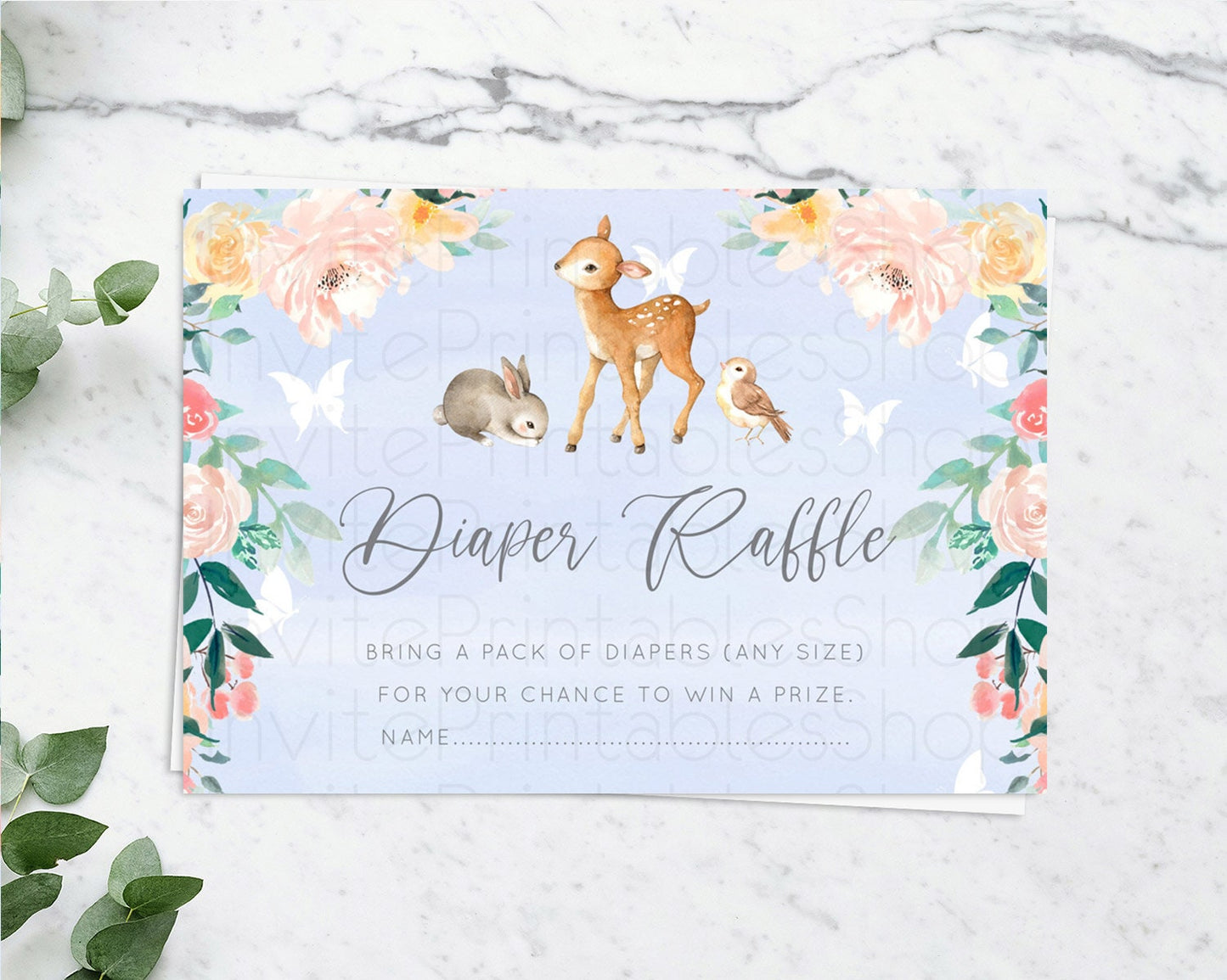 Fawn Diaper Raffle Card Deer Diaper Insert Floral Deer Diaper Ticket Enchanted Forest Butterfly Pastel Baby Shower Raffle Game D10920