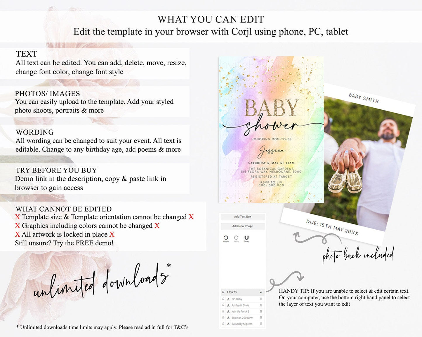 Pastel Baby Shower Invitation Rainbow Baby Shower Invitation Colorful Pastel Watercolor Invitation Gold Glitter Sprinkles Ombre D10645