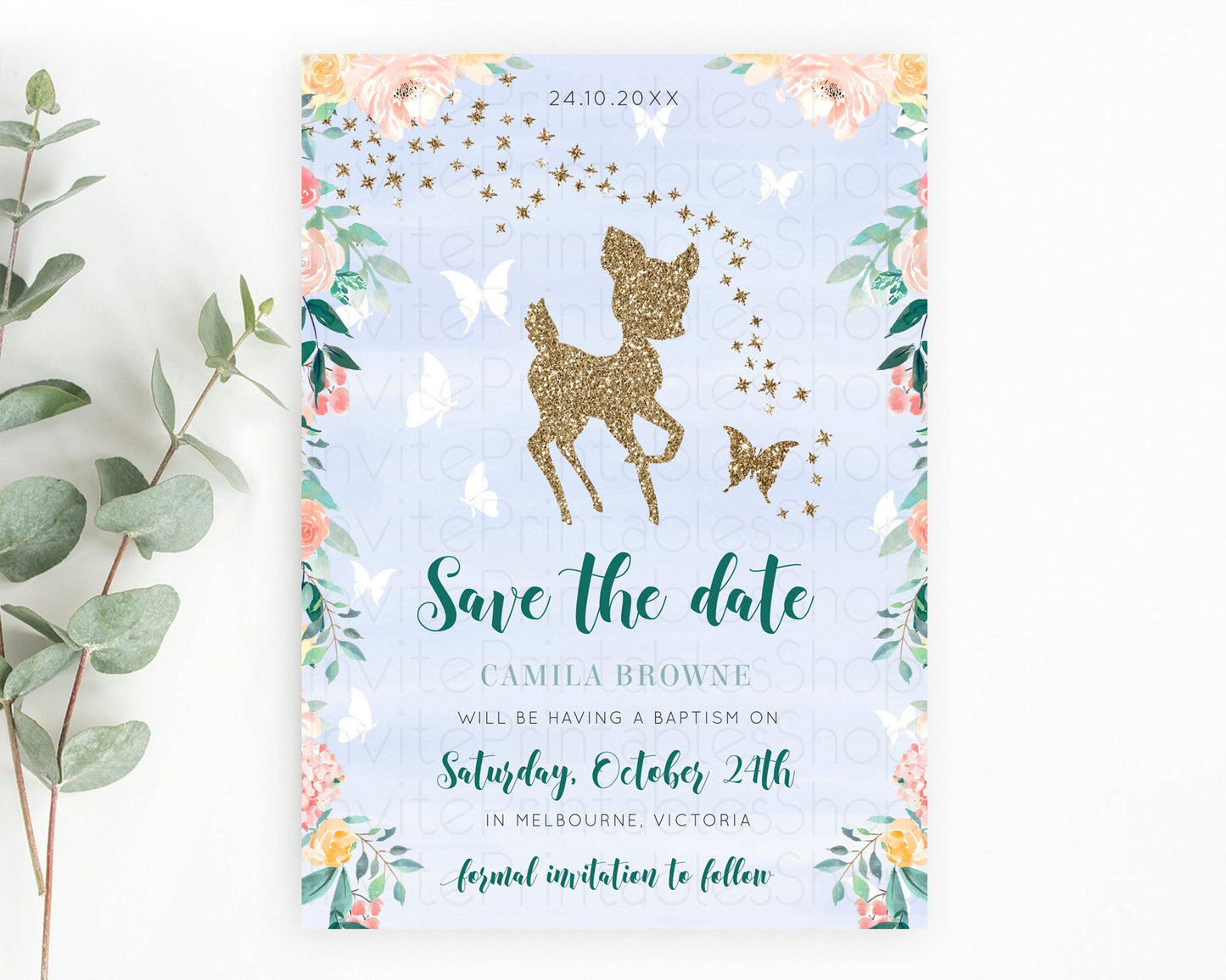 Fawn Deer Save The Date Template Pastel Floral Deer Enchanted Forest Butterfly Party 1st Birthday Baptism Baby Shower Bridal Shower D10875