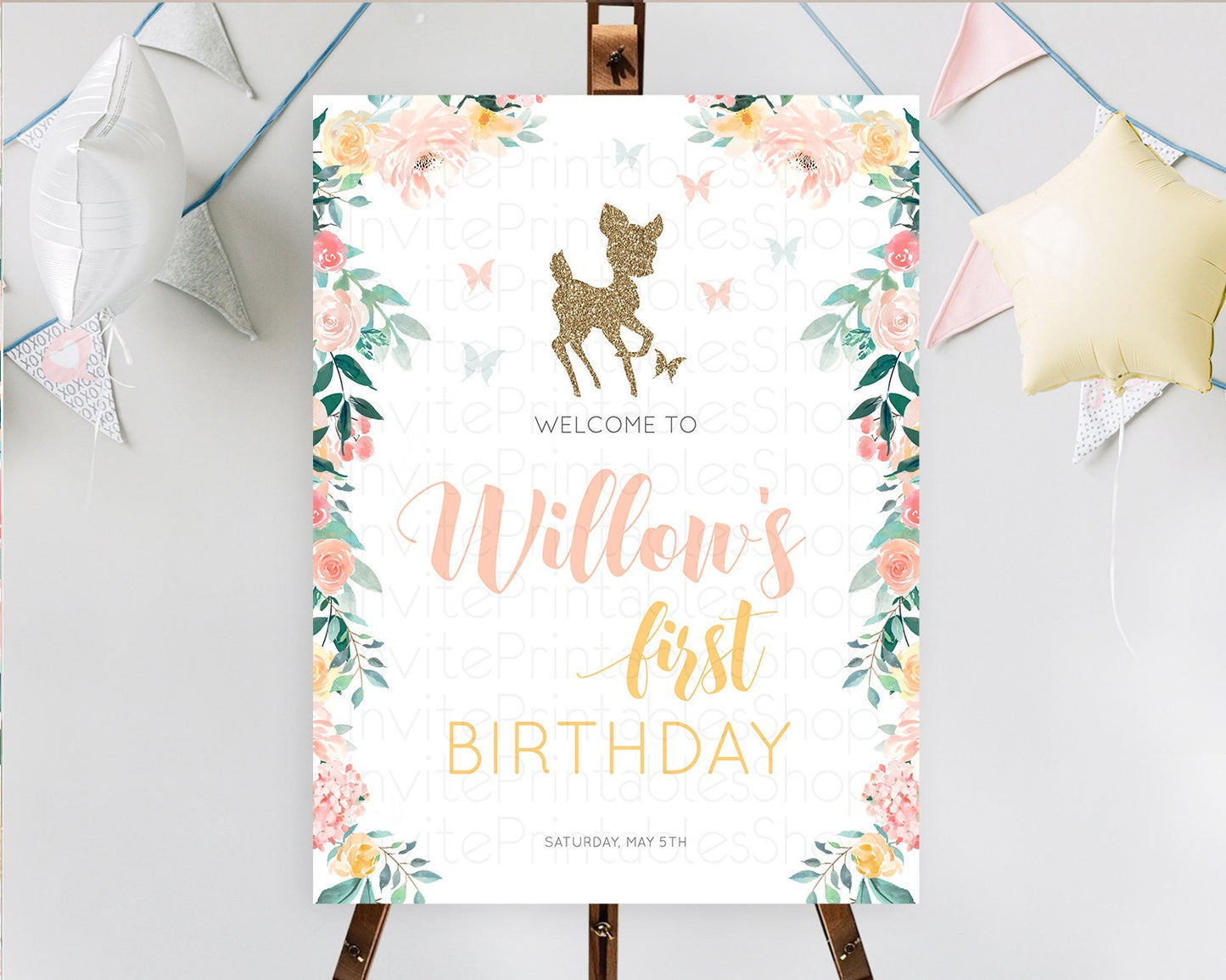 Fawn Welcome Sign Deer Welcome Board Floral Deer Welcome Poster Enchanted Forest Butterfly Pastel Floral First Birthday Welcome Sign D10874