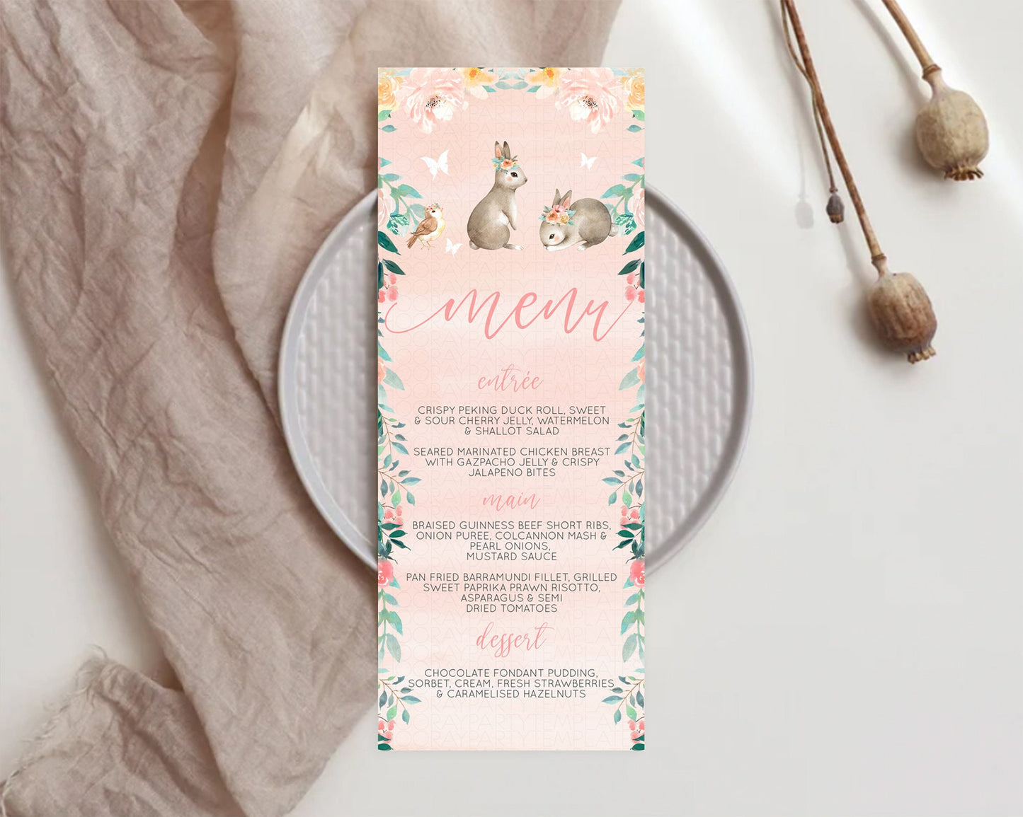 Bunny Menu Floral Bunny Menu Template Pastel Flowers Bunny Table Decor Secret Garden Bunny Dinner Dessert Menu Party Food Menu D10922