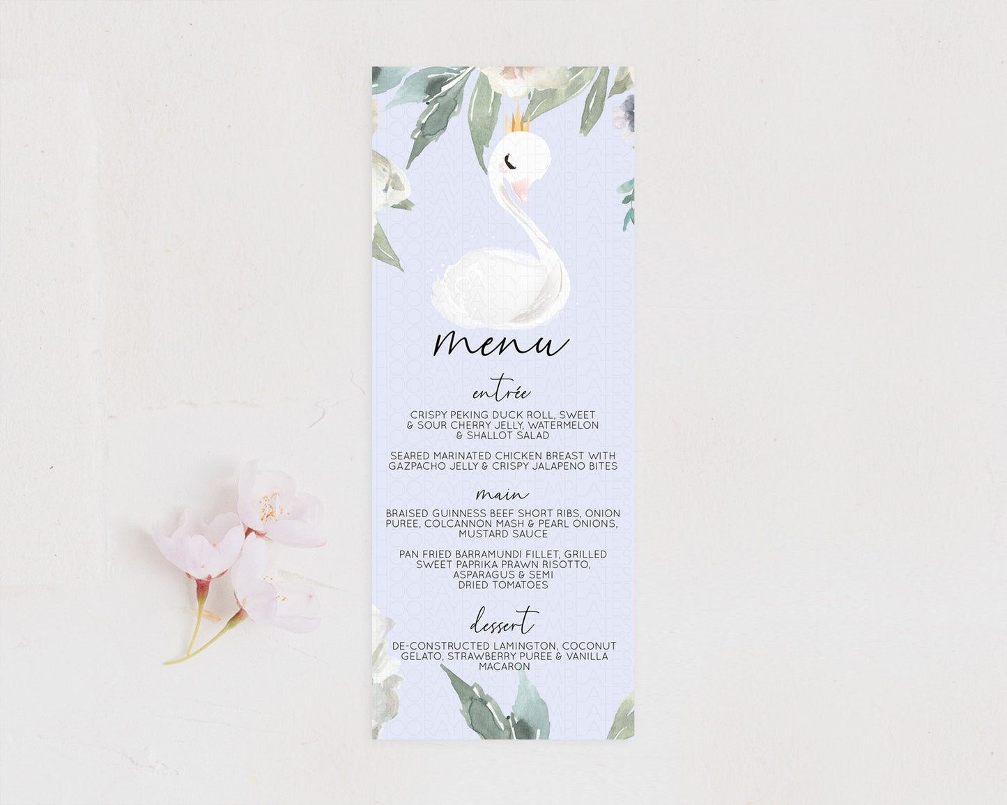 Swan Menu Swan Princess Ballet Menu Template Enchanted Swan Lake Table Decor Secret Garden Pastel Floral Dinner Dessert Food Menu  D10756