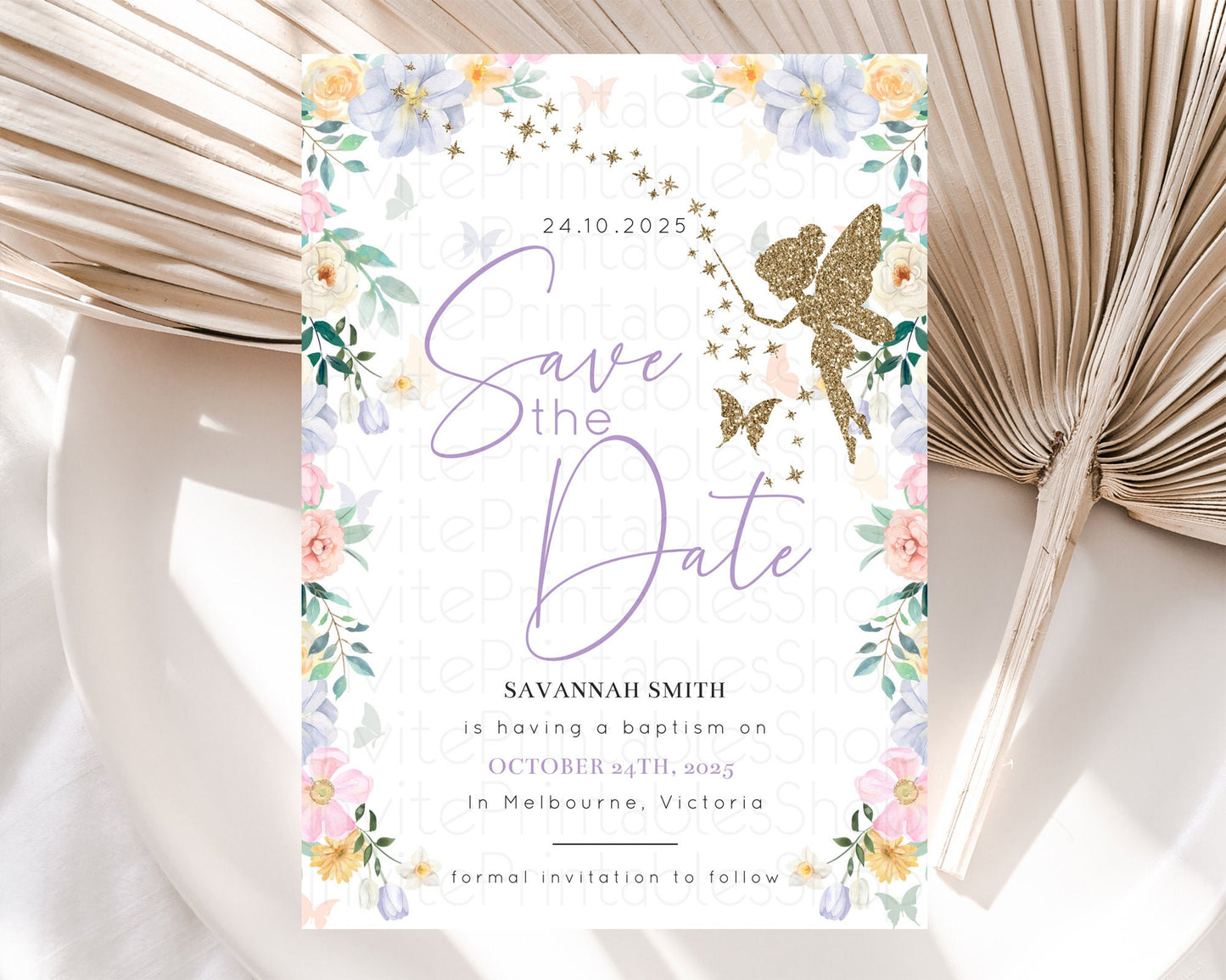 Fairy Save The Date Template Enchanted Garden Pastel Floral Butterfly Party Secret Garden Birthday Baptism Baby Shower Bridal Shower D10474