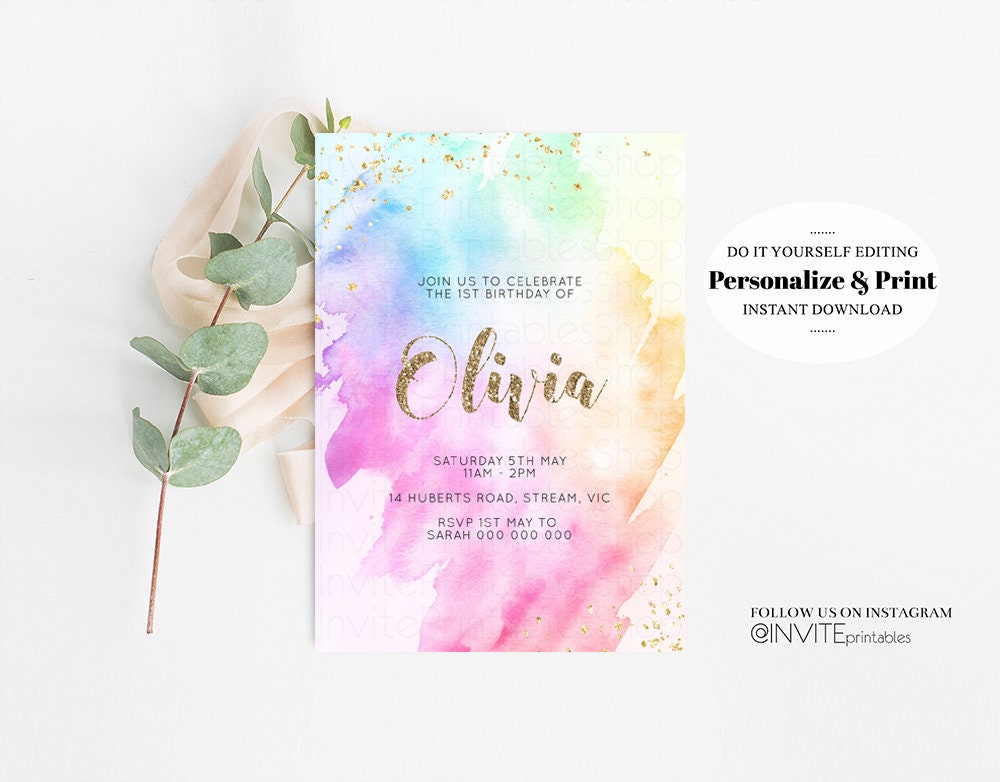 Rainbow Birthday Invitation Ombre Pastel Invitation Colorful Watercolor Splash Invite Gold Glitter Sprinkles Printable Digital Invite g504