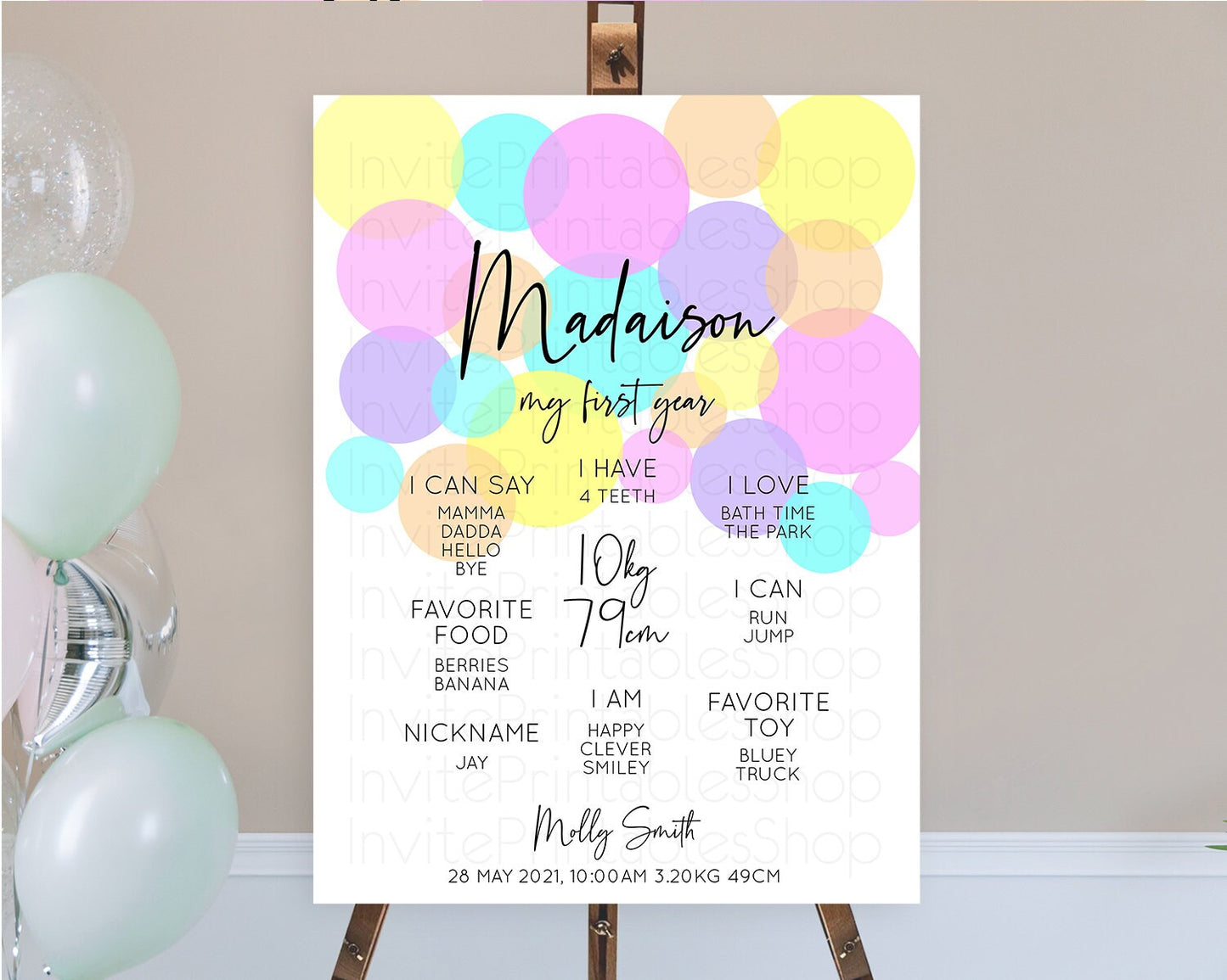 Pastel First Birthday Milestone Poster Pastel Rainbow Confetti First Birthday Milestone Board Colorful Bubbles Birthday Welcome Sign D10407