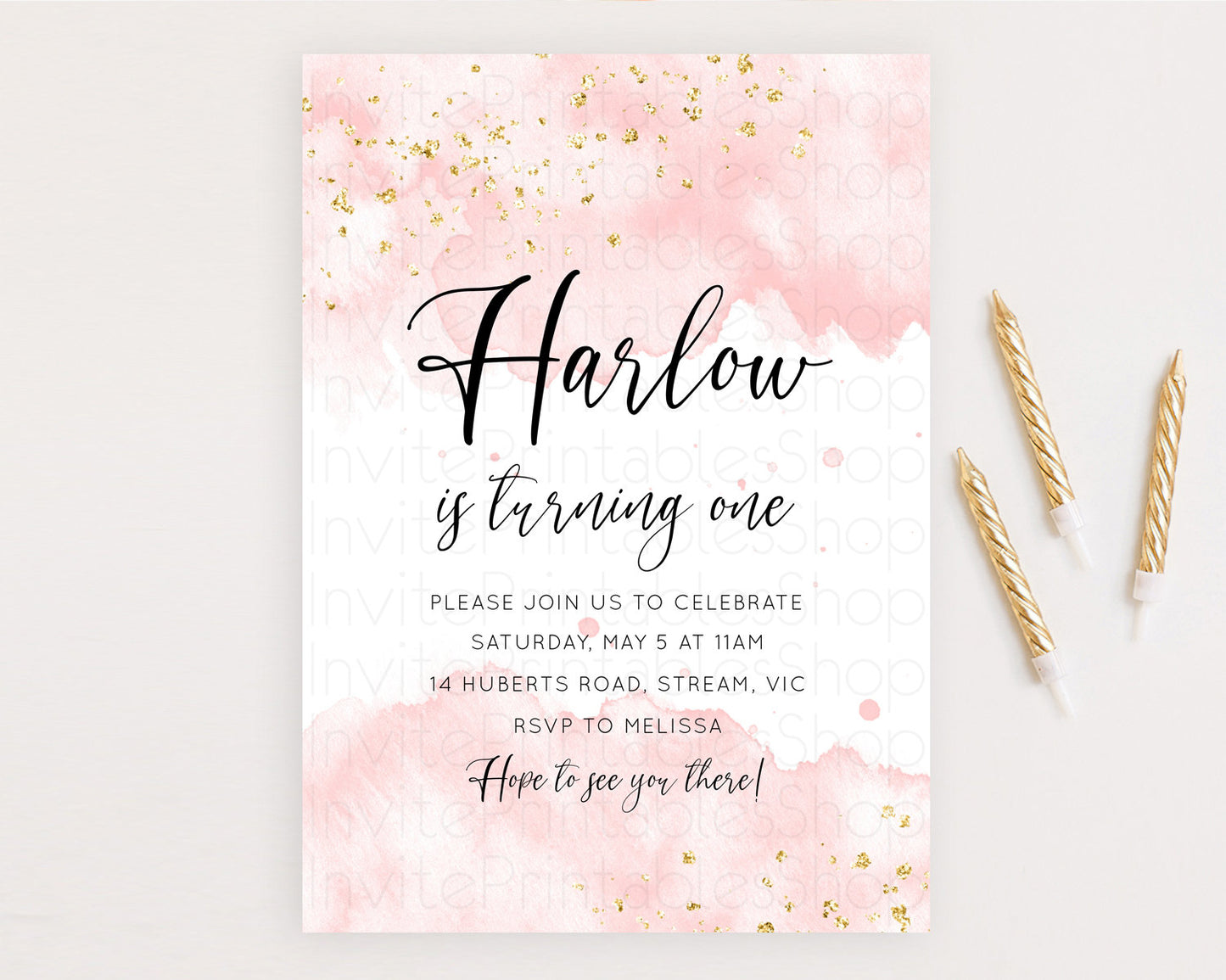 Pink Birthday Invitation pink Watercolor Invitation Pastel pink Watercolor Invitation pink Splash Gold Invitation 1st First Birthday D10328