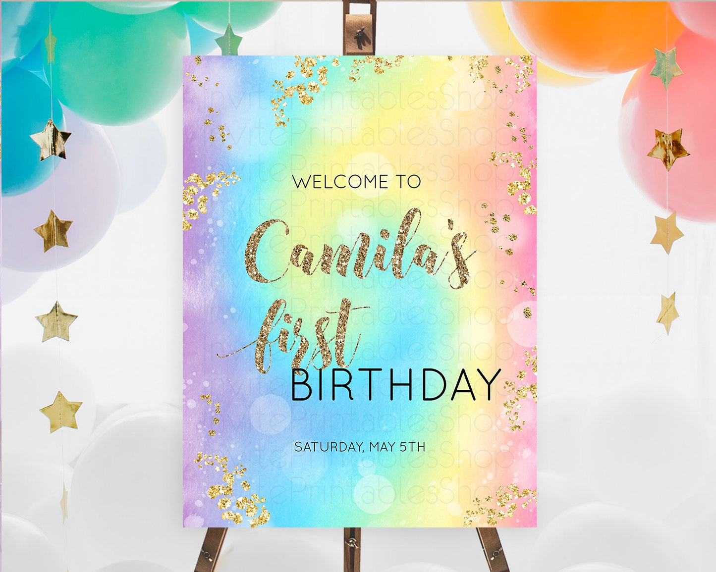 Pastel Welcome Sign Pastel Rainbow Welcome Sign Colorful Rainbow Confetti Watercolor Glitter Pastel First Birthday Welcome Sign D10568