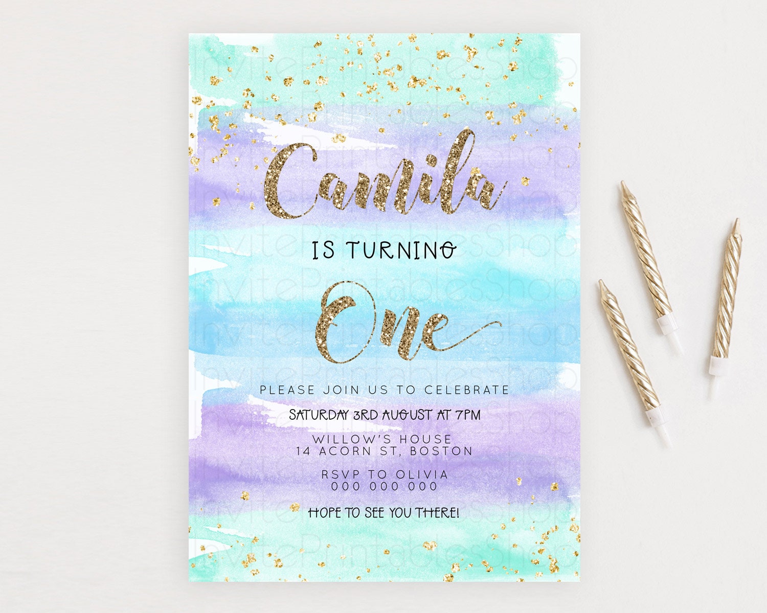 Editable Rainbow Birthday Invitation Colorful Pastel Watercolor Invitation G