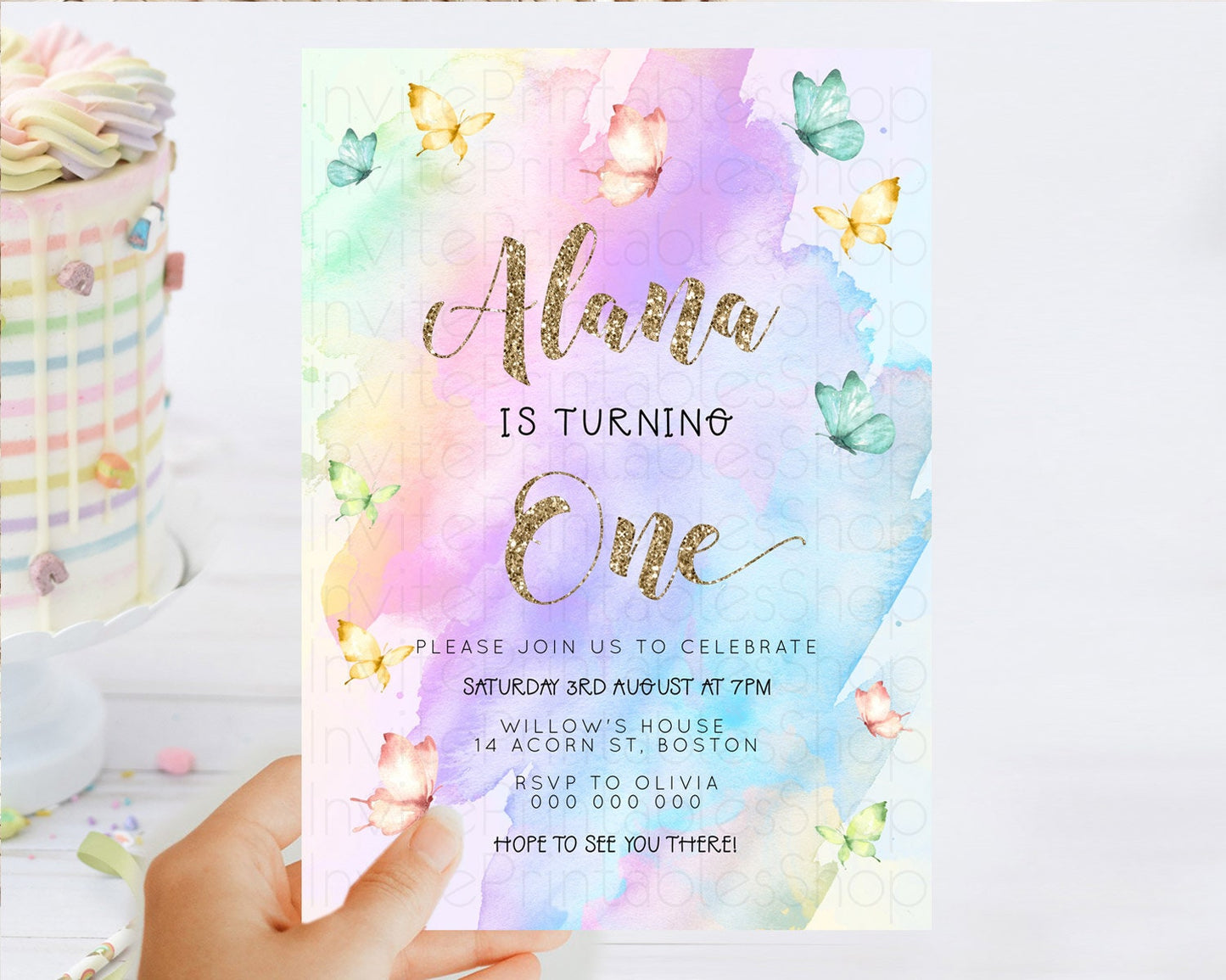 Pastel Butterfly Birthday Invitation Butterfly Birthday Invitation Colorful Splash Glitter Butterfly Garden 1st 2nd Birthday D23248