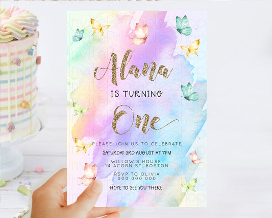 Pastel Butterfly Birthday Invitation Butterfly Birthday Invitation Colorful Splash Glitter Butterfly Garden 1st 2nd Birthday D23248