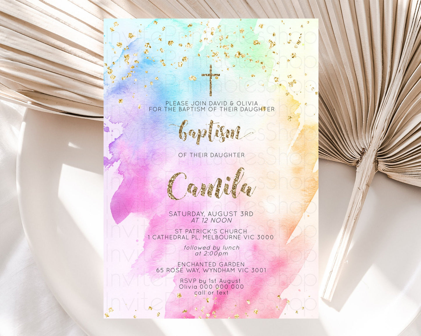 Pastel Baptism Invitation Pastel Colors Watercolor Baptism 1st Birthday Party Gold Ombre Pastel Rainbow Christening Holy Communion D10450