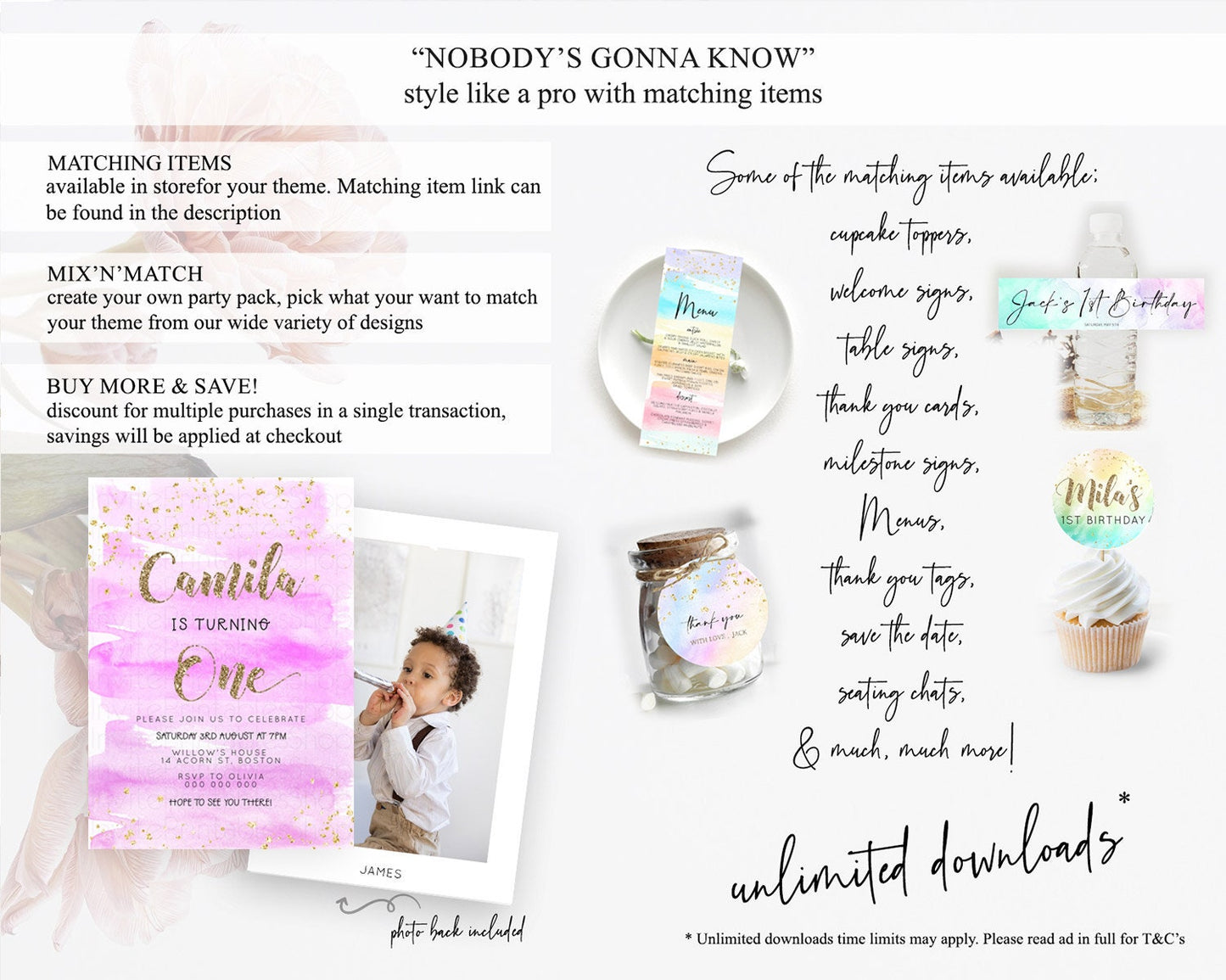 Pink Birthday Invitation pink Watercolor Invitation Pastel pink Watercolor Invitation pink Splash Gold Invitation 1st First Birthday D23279