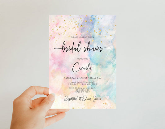 Pastel Bridal Shower Invitation Pastel Watercolor Bridal Shower Invite Rainbow Bridal Shower Invite Colorful Invite Gold Glitter Invite