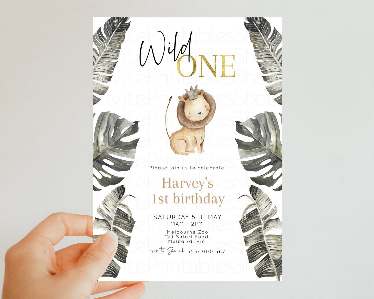 Lion Birthday Invitation Lion 1st Birthday Invite Lion Cub Invitation Lion Safari Invite Wild One Invite Zoo Party Jungle Palm Leaf 584