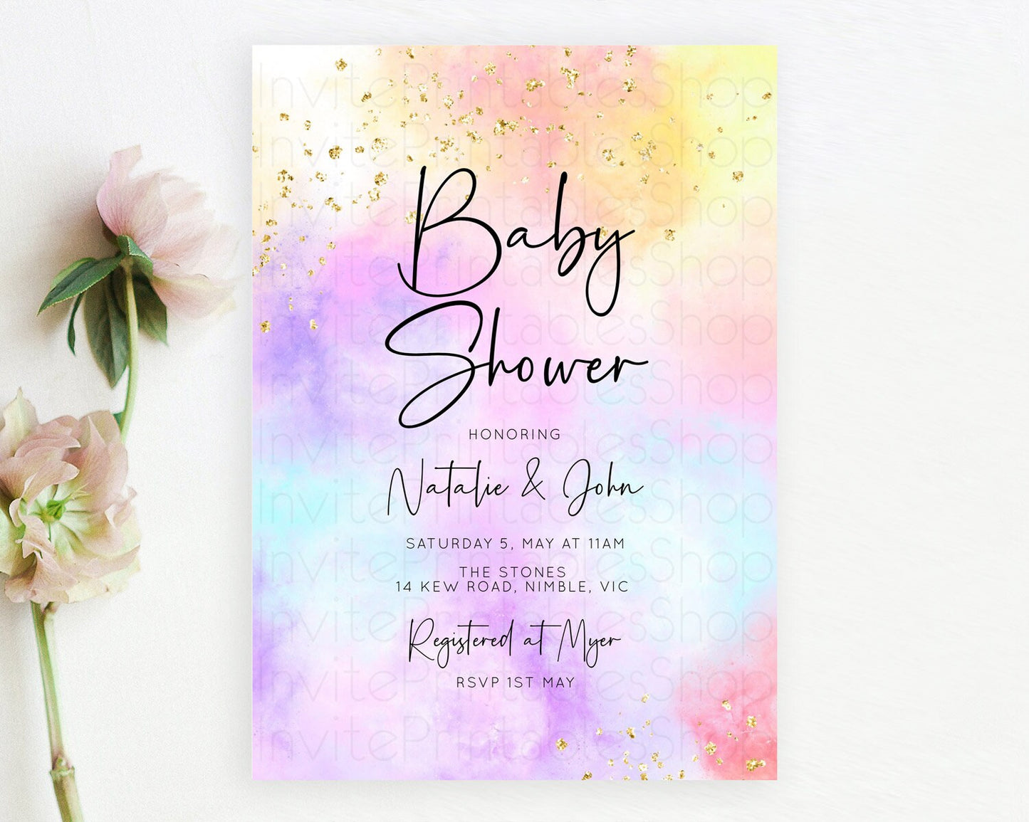 Pastel Rainbow Baby Shower Invitation, Watercolor Splash, Confetti Sprinkles, Colorful Ombre - Blue, Yellow, Purple, Orange, Gold D10438