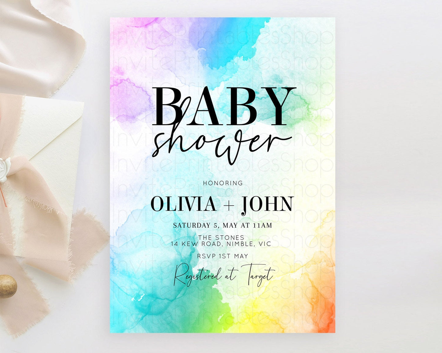 Pastel Baby Shower Invitation Rainbow Baby Shower Invitation Colorful Pastel Watercolor Invitation Gold Glitter Sprinkles Ombre D10961