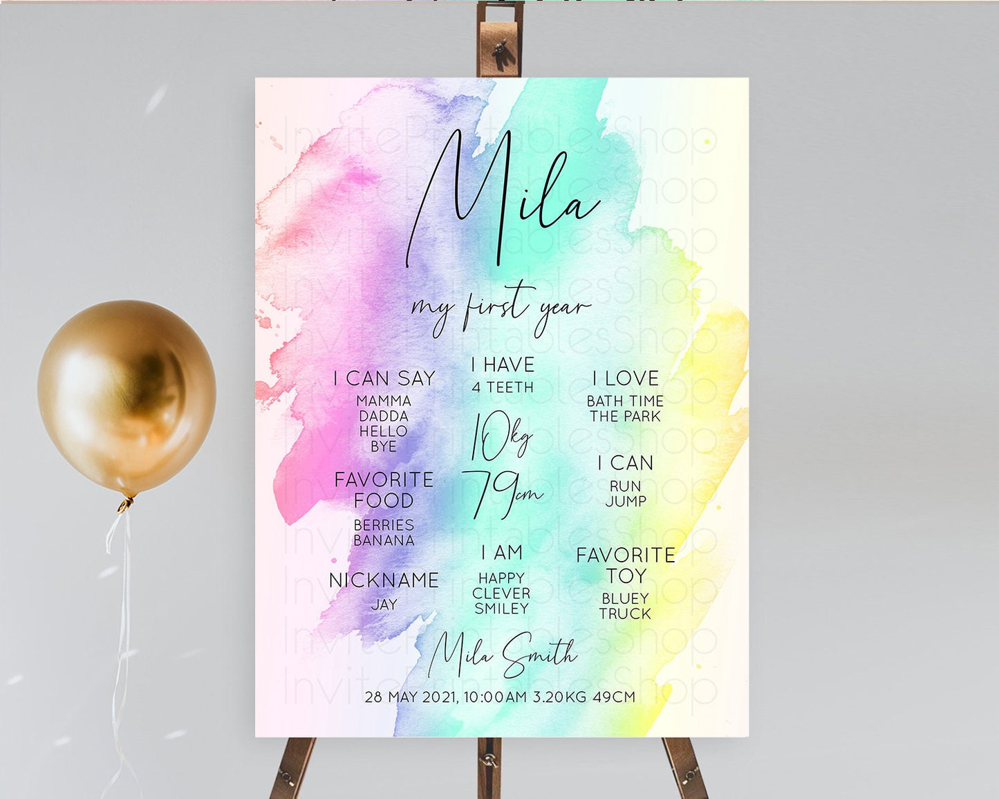 Pastel First Birthday Milestone Board Pastel Rainbow Milestone Poster Colorful Confetti Watercolor Glitter 1st Birthday Welcome Sign D10231
