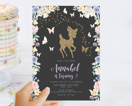 Editable Fawn Birthday Invitation Deer Birthday Invitation Enchanted Forest