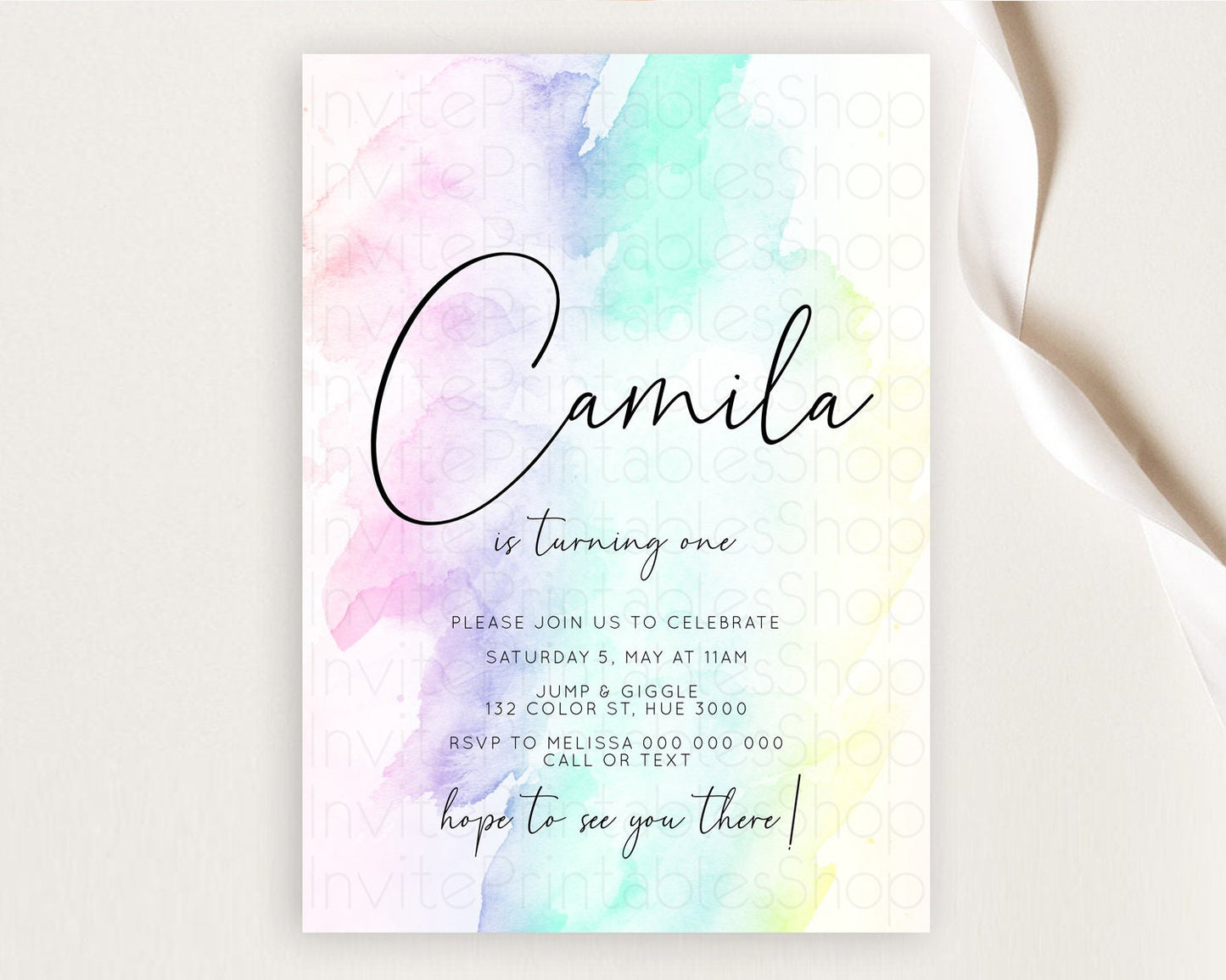 Rainbow Birthday Invitation Colorful Pastel Watercolor Invitation Gold Glitter Sprinkles Ombre Pastel 1st 2nd 3rd Birthday D10231