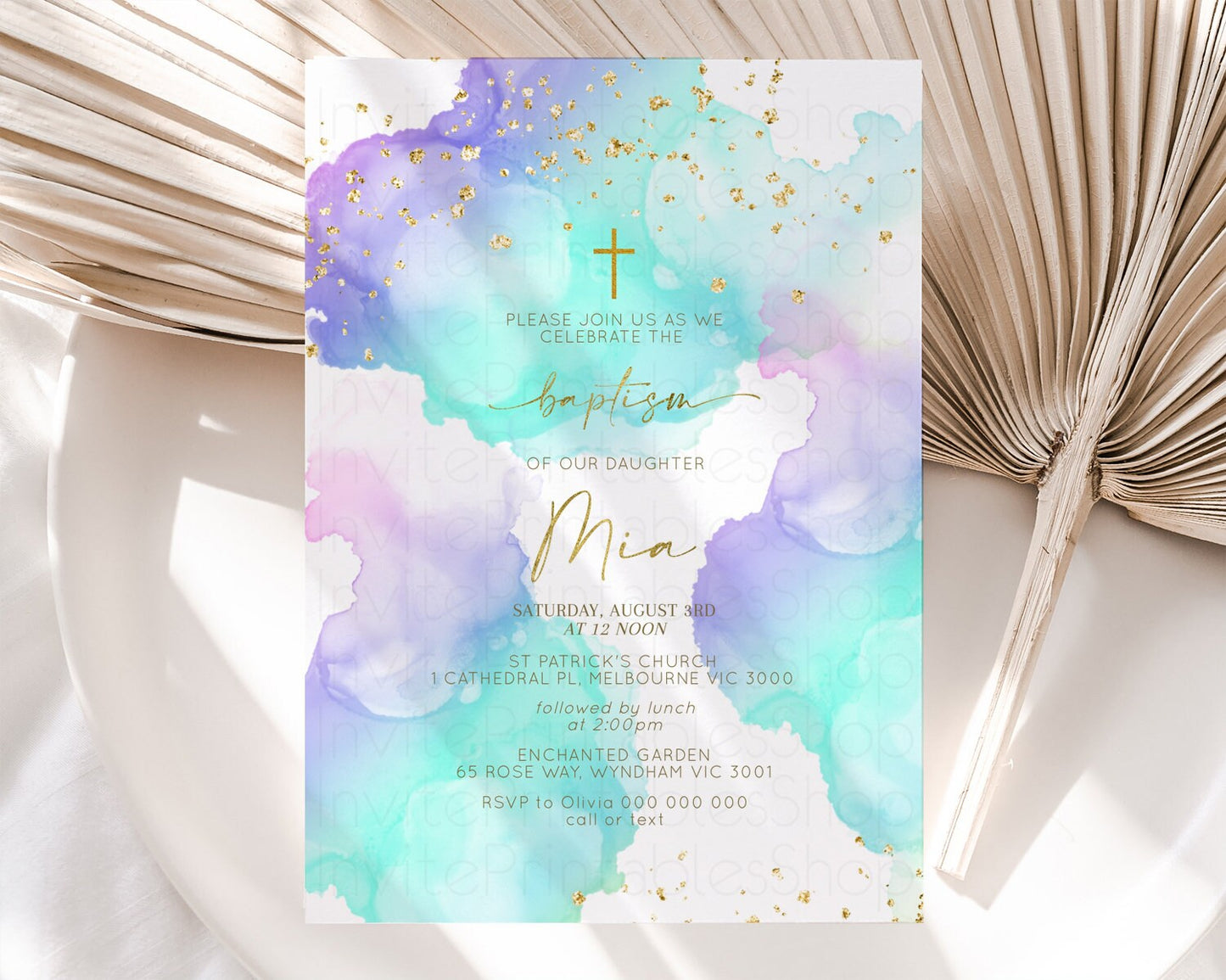 Blue Purple Baptism invitation Pastel Rainbow Christening Invite Ombre Clouds Watercolor Invite Glitter Gold Cross Religious Invite 191