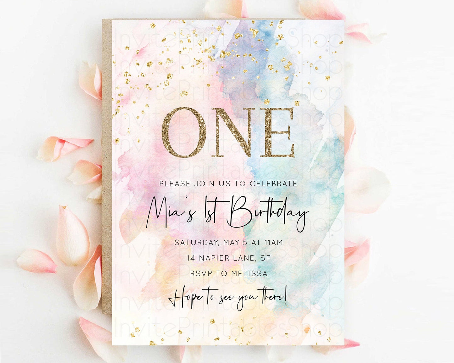 Rainbow Birthday Invitation Colorful Pastel Watercolor Invitation Gold Glitter Sprinkles Ombre Pastel 1st 2nd 3rd Birthday D10263