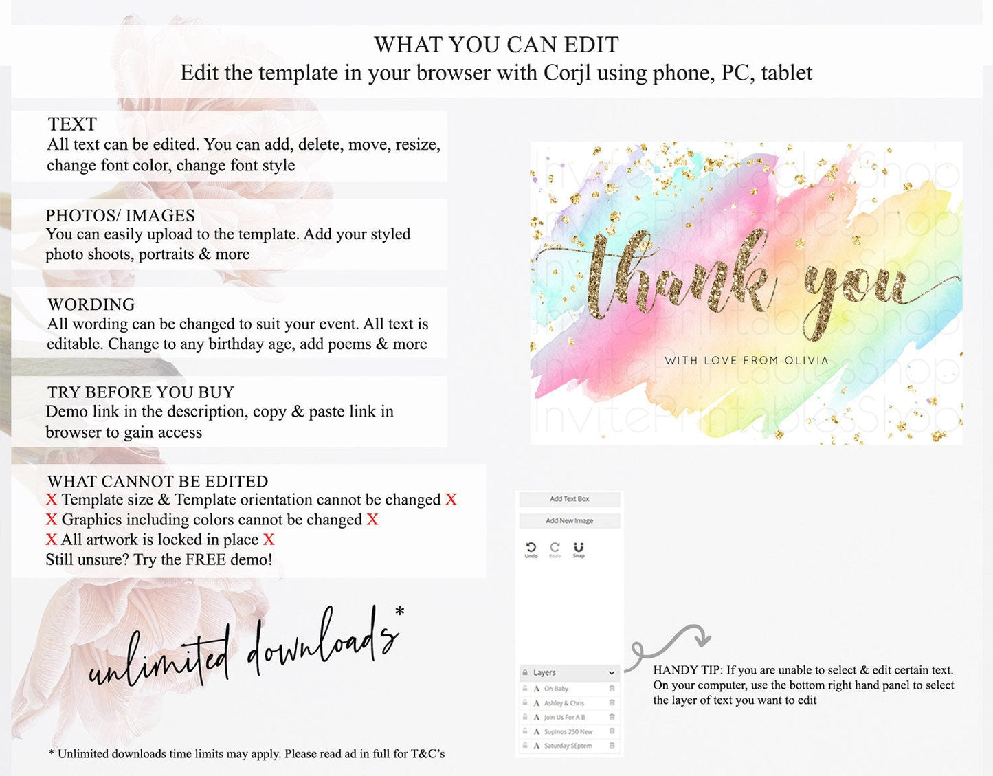 Pastel Thank You Rainbow Thank You Card Colorful Pastel Birthday Thank You Card Confetti Watercolor Pastel Teacher Thank You Cards D10495