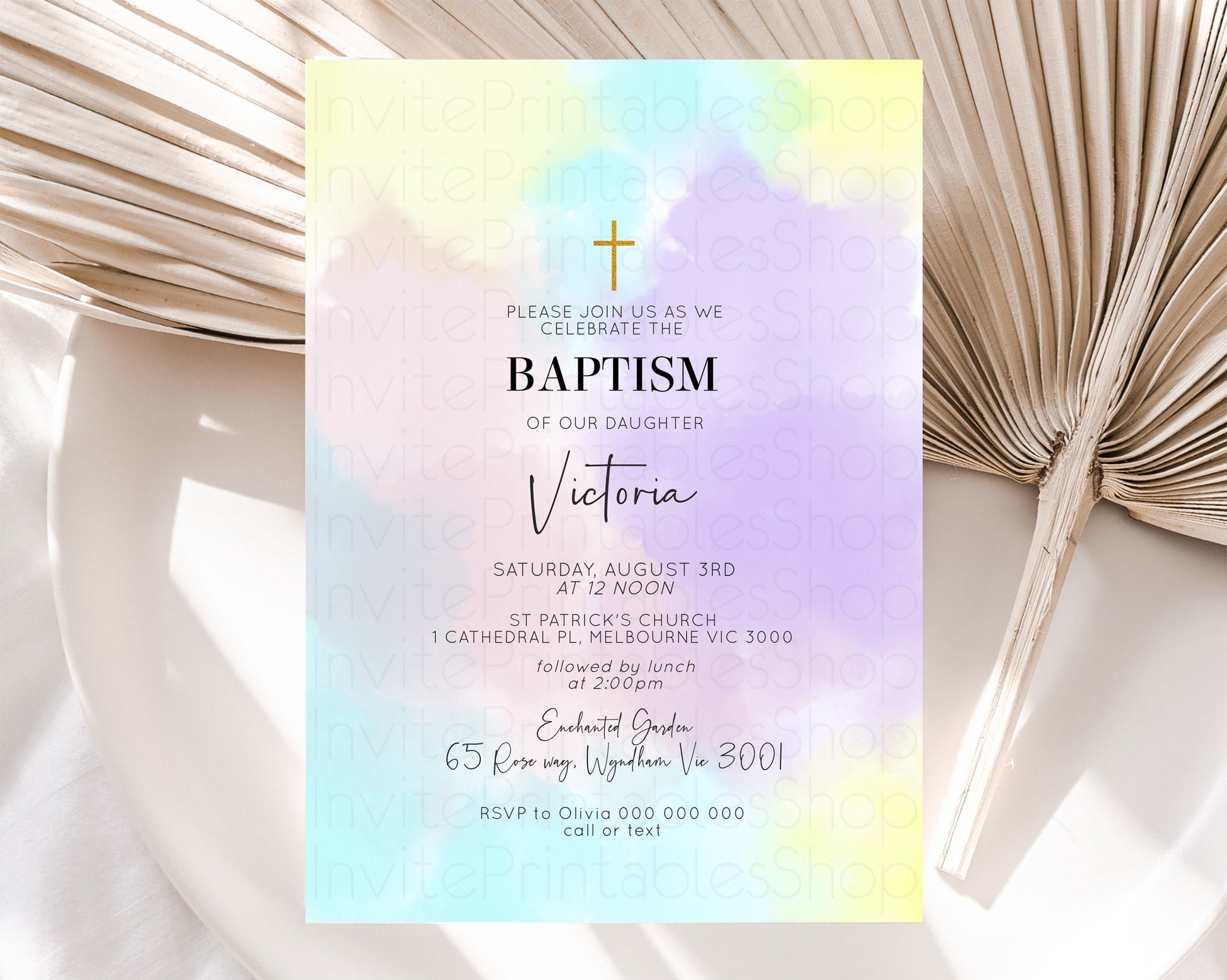 Editable Pastel Baptism Invitation Rainbow Christening Invitation Holy Commu