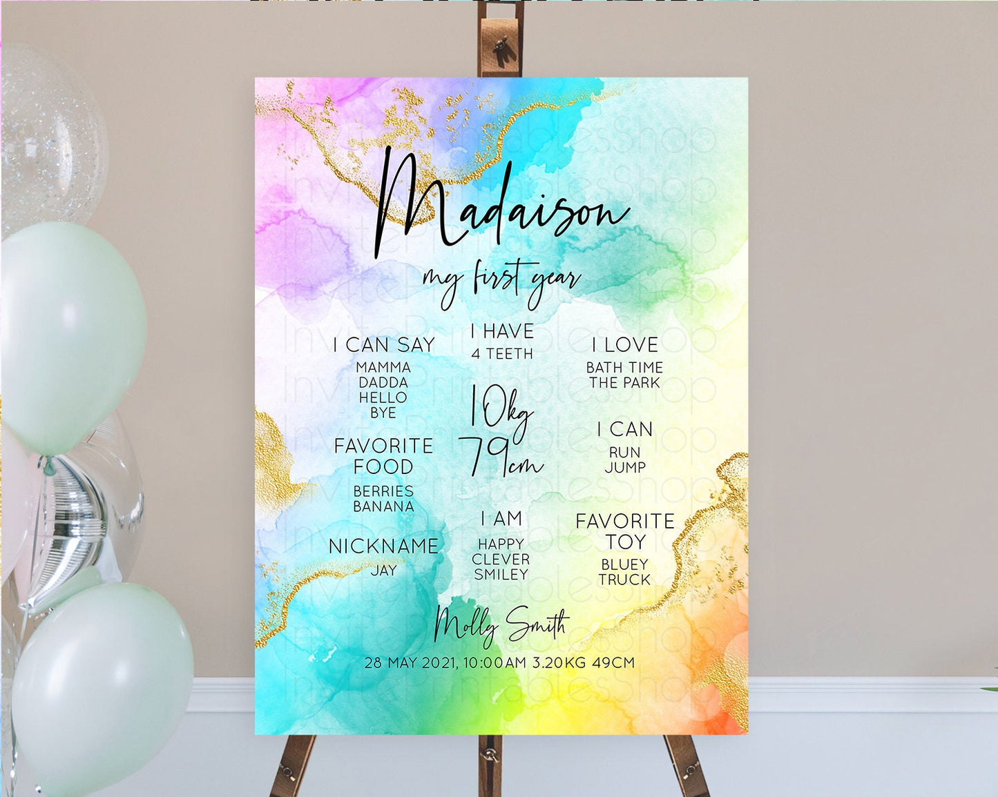 Pastel First Birthday Milestone Board Pastel Rainbow Milestone Poster Colorful Confetti Watercolor Glitter 1st Birthday Welcome Sign D10390