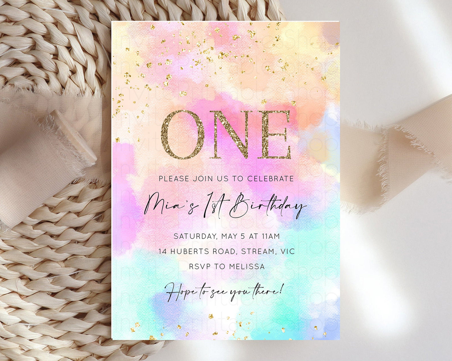 Rainbow Birthday Invitation Pastel Birthday Invite Ombre Watercolor Invite Enchanted Theme Colorful Splash Glitter Sprinkles 1st 2nd 3rd