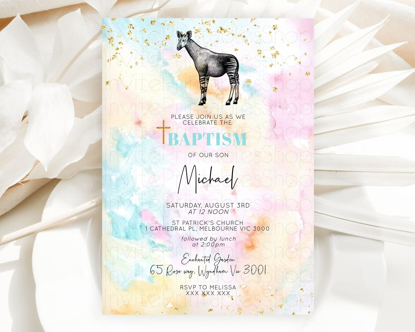 Okapi Baptism Invitation Okapi Baptism 1st Birthday Invitation Okapi Pastel Rainbow Watercolor Christening Invitation Holy Communion D10282