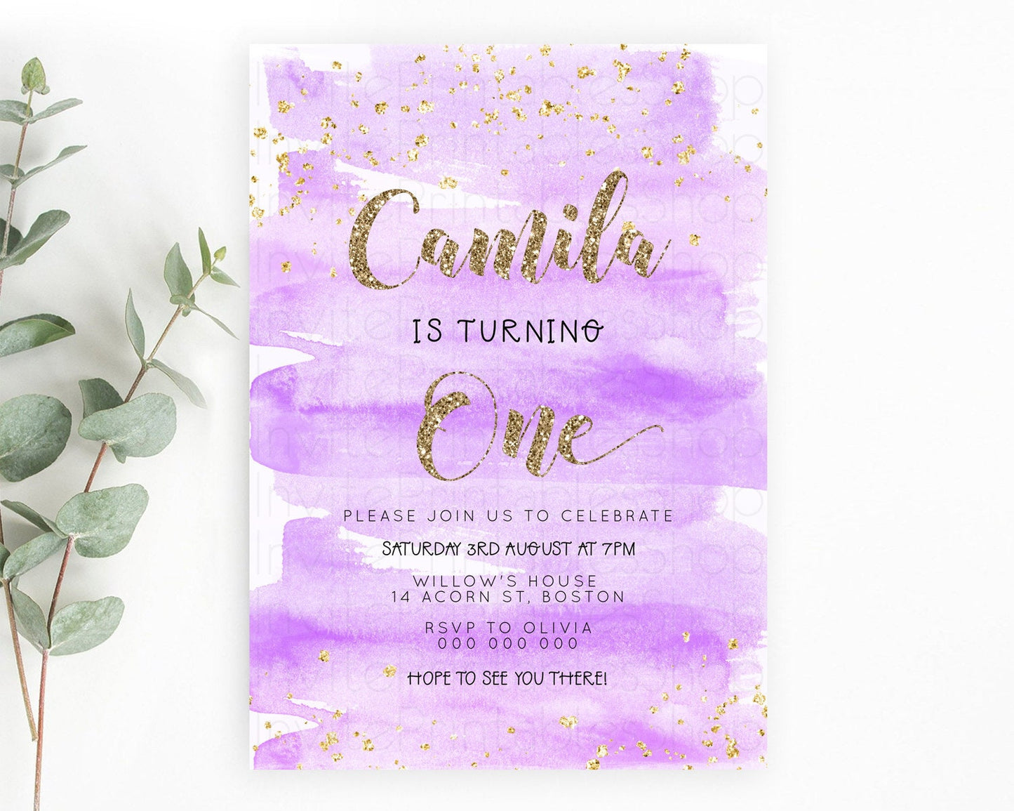 Purple Birthday Invitation Purple Watercolor Invite Pastel Purple Watercolor Invitation Purple Splash Gold Invitation First Birthday D23280