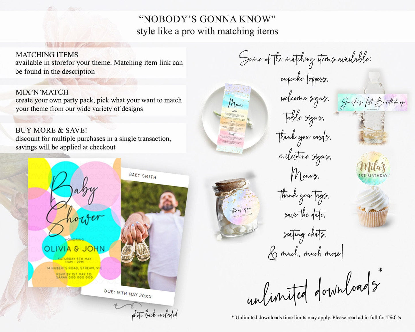 Pastel Rainbow Baby Shower Invitation, Colorful Confetti, Sprinkles, Bubbles, Pastel Blue, Pink, Orange, Yellow Theme Gender Reveal D10896