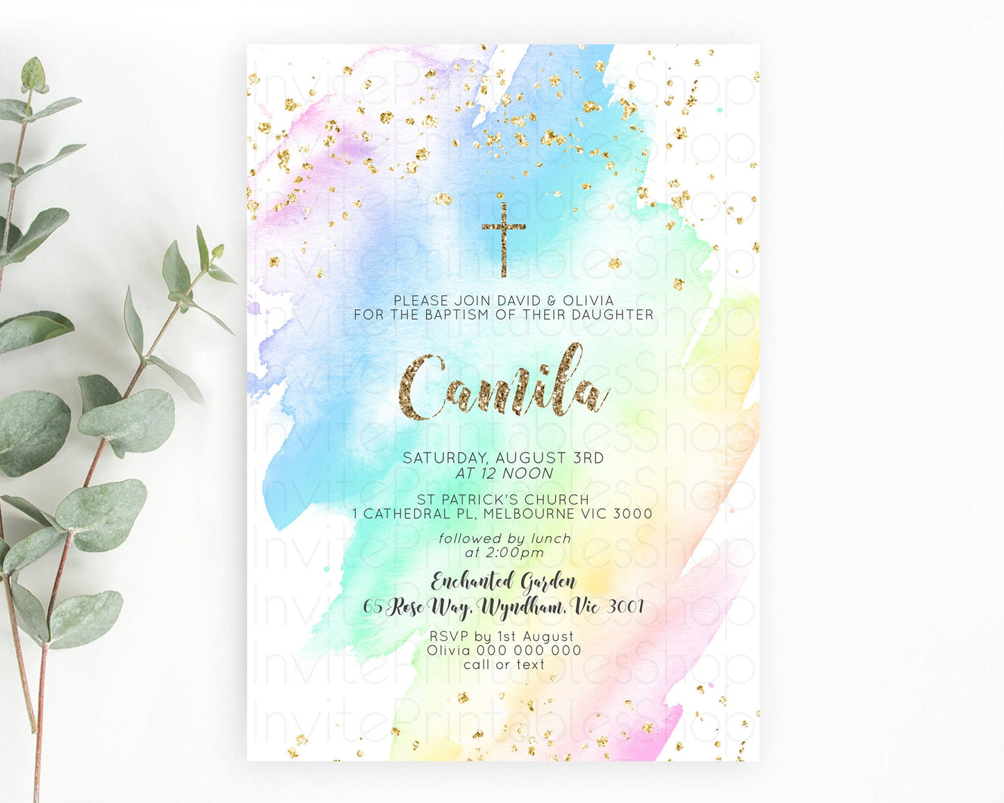 Pastel Baptism Invitation Pastel Colors Watercolor Baptism 1st Birthday Party Gold Ombre Pastel Rainbow Christening Holy Communion D10637