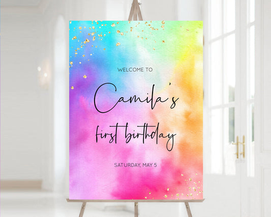 Rainbow Welcome Sign Rainbow 1st Birthday Board Rainbow Birthday Board Pastel Welcome Board Tie Dye Gold Glitter Welcome Birthday Sign 509