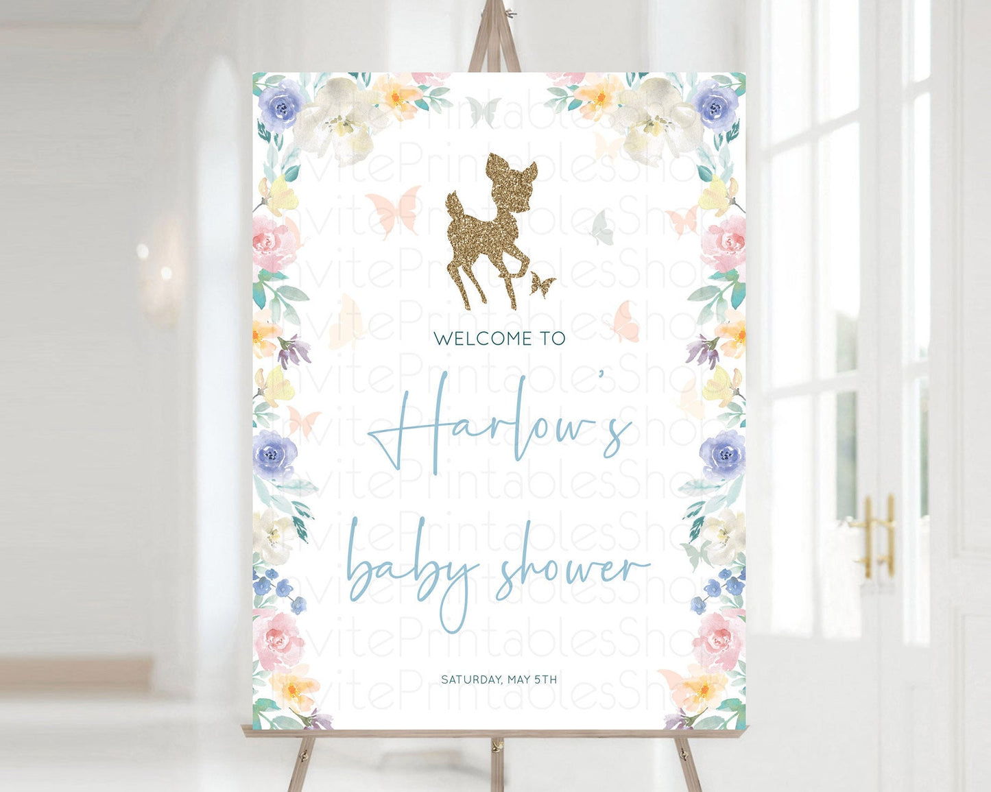 Fawn Baby Shower Welcome Sign Deer Welcome Board Floral Deer Welcome Poster Enchanted Forest Butterfly Pastel Floral Welcome Sign D10878