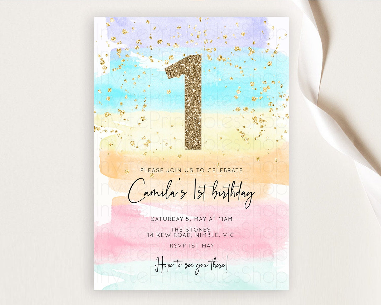 Rainbow Birthday Invitation Colorful Pastel Watercolor Invitation Gold Glitter Sprinkles Ombre Pastel 1st 2nd 3rd Birthday D10505