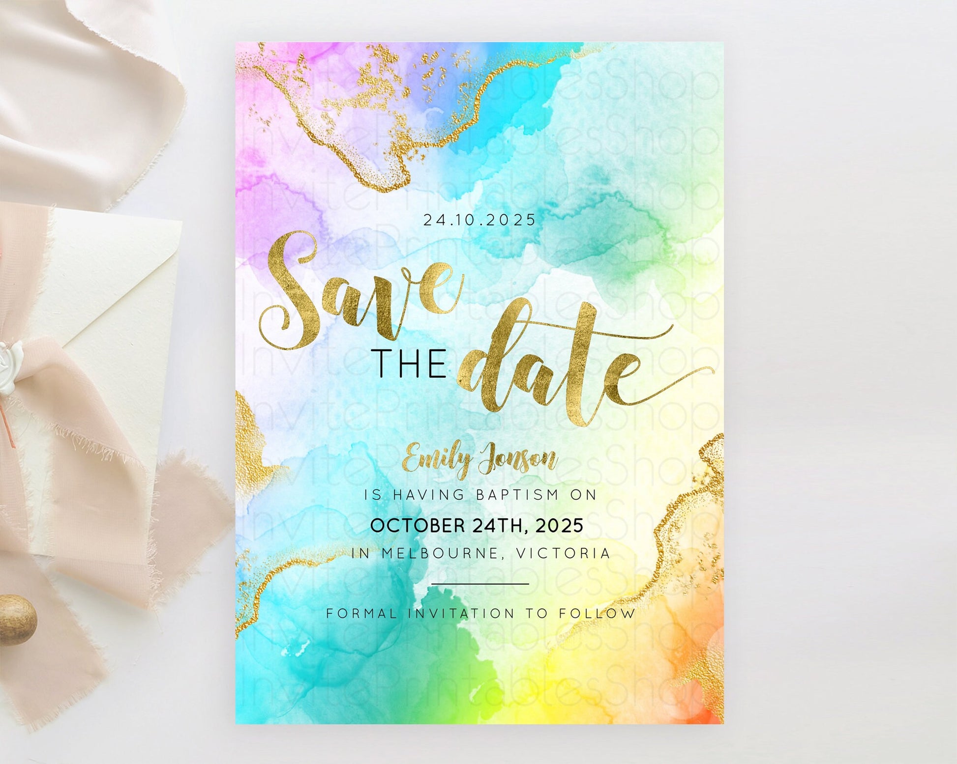 Editable Pastel Save The Date Template Pastel Ombre Rainbow Watercolor Color