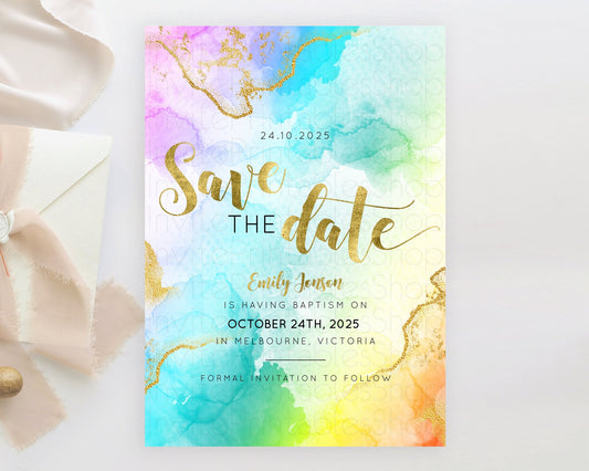 Editable Pastel Save The Date Template Pastel Ombre Rainbow Watercolor Color