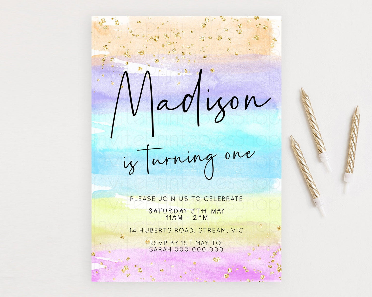 Pastel Birthday Invitation Ombre Watercolor Birthday Invitation Glitter Rainbow Color Splash 1st 2nd 3rd Birthday Invitation D23040