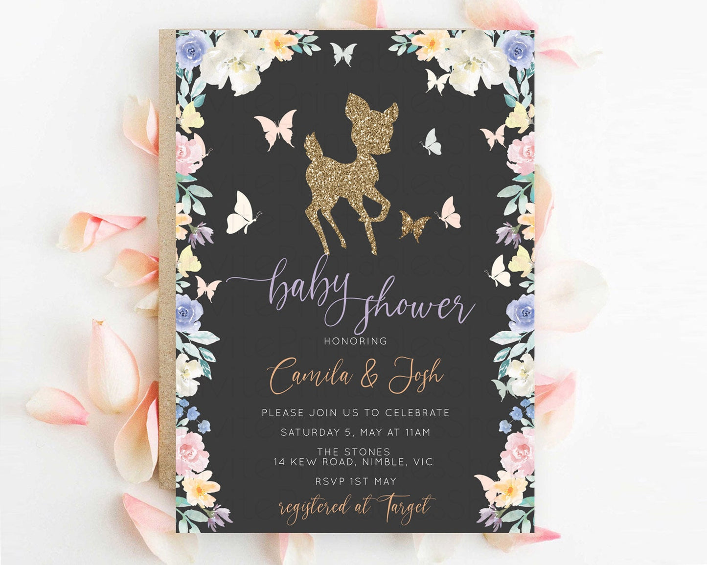 Fawn Baby Shower Invitation Deer Baby Shower Invites Enchanted Forest Theme Butterfly Pastel Flowers Whimsical Baby Shower D10323