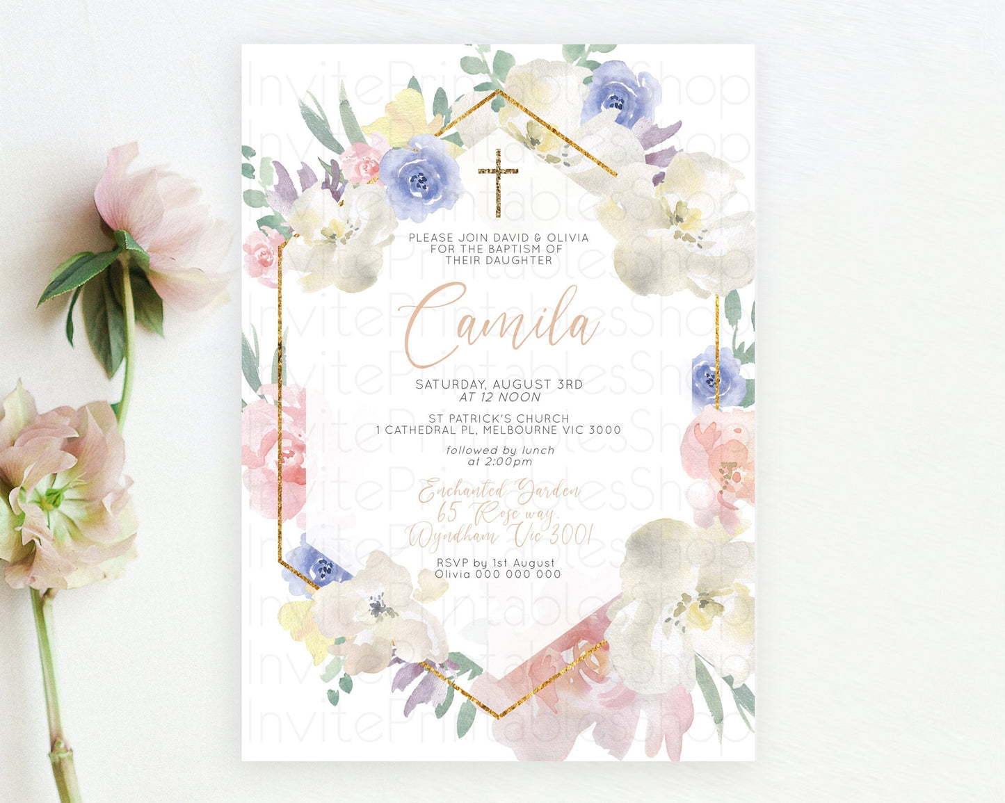 Secret Garden Baptism Invitation Wildflower Baptism Birthday Invite Pastel Flowers Christening Invite Enchanted Garden Boho Floral  D10254