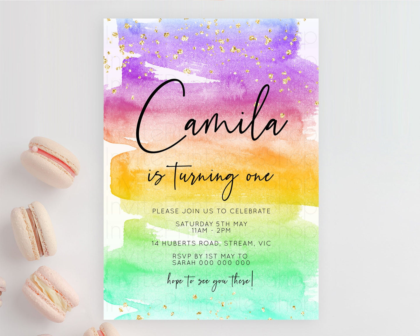 Rainbow Birthday Invitation Colorful Pastel Watercolor Invitation Gold Glitter Sprinkles Ombre Pastel 1st 2nd 3rd Birthday D10524