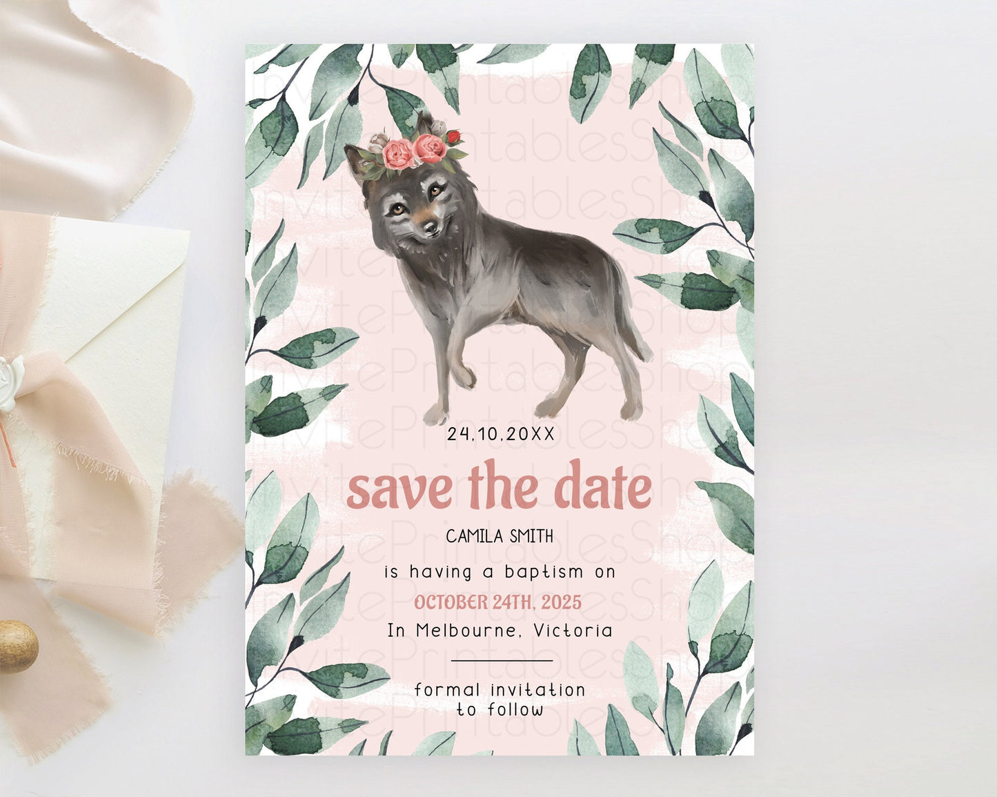 Wolf Save The Date Template Pastel Floral Wolf Party Forest Adventure Wilderness Theme 1st Birthday Baptism Christening Baby Shower D10535